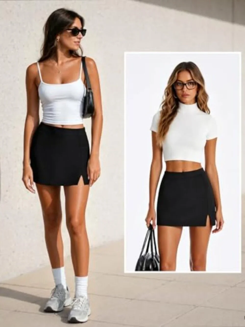 Women's High Rise Bodycon Mini Skort with Side Slit, Built-In Shorts, Stretch